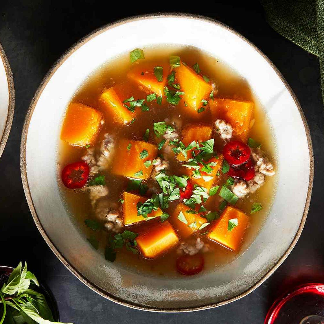 Butternut Squash and Pork Soup with Fish Sauce and Tender Herbs
