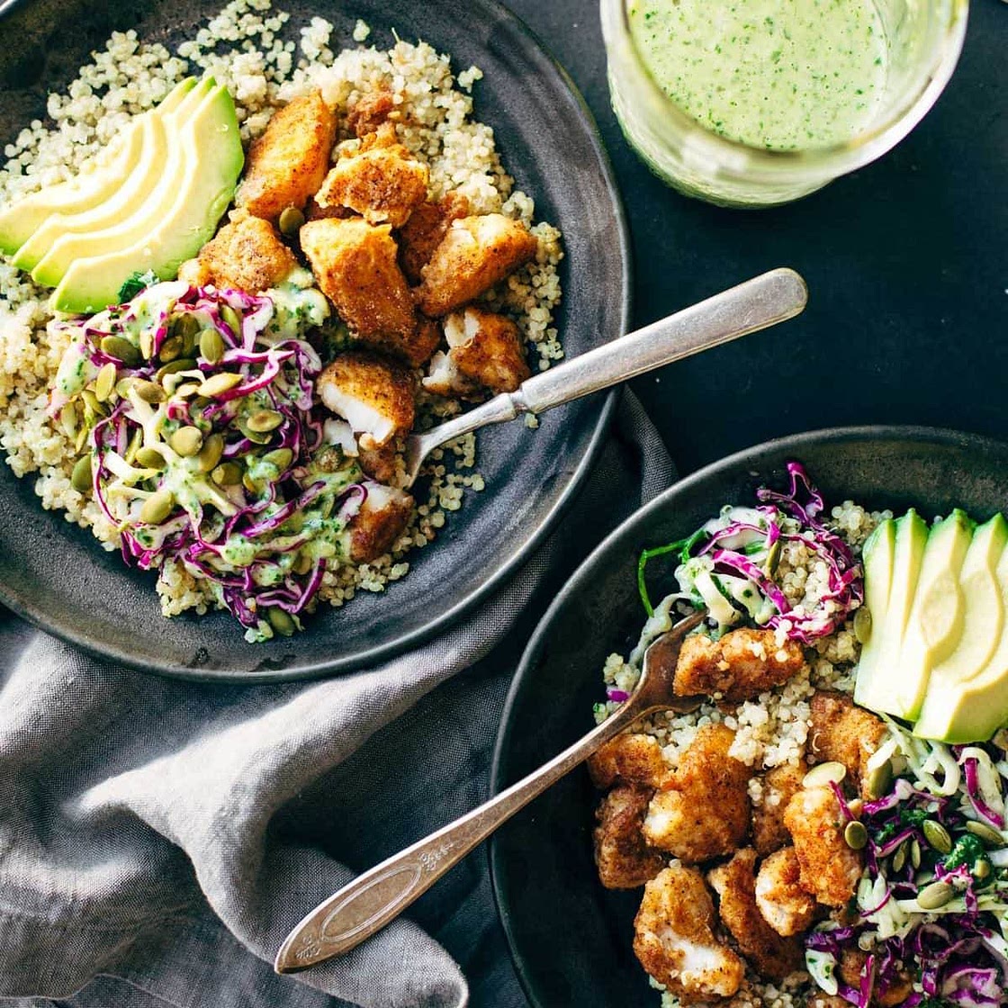 Spicy Fish Taco Bowls with Cilantro Lime Slaw