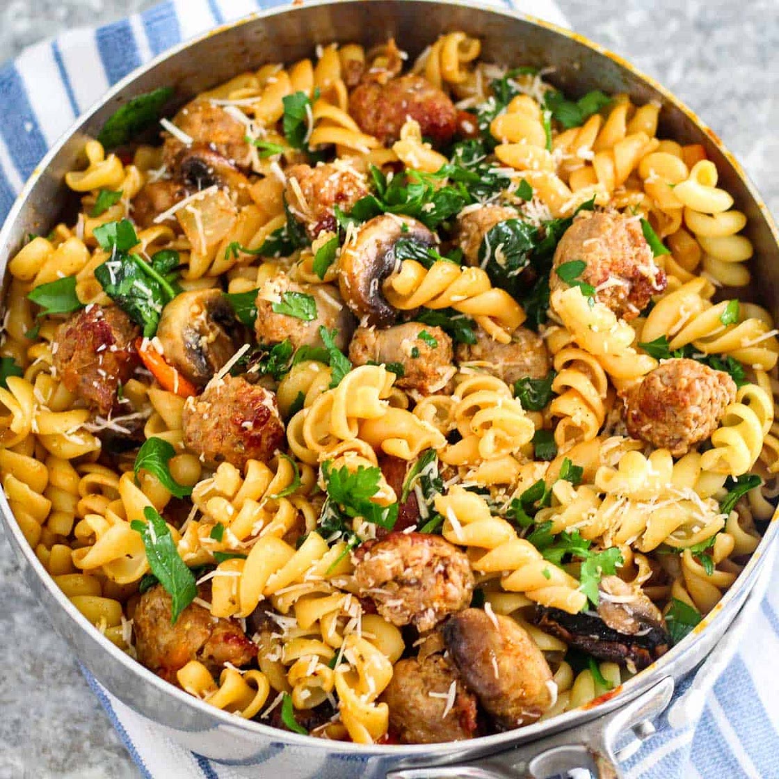 Sausage Pasta with Spinach and Mushrooms