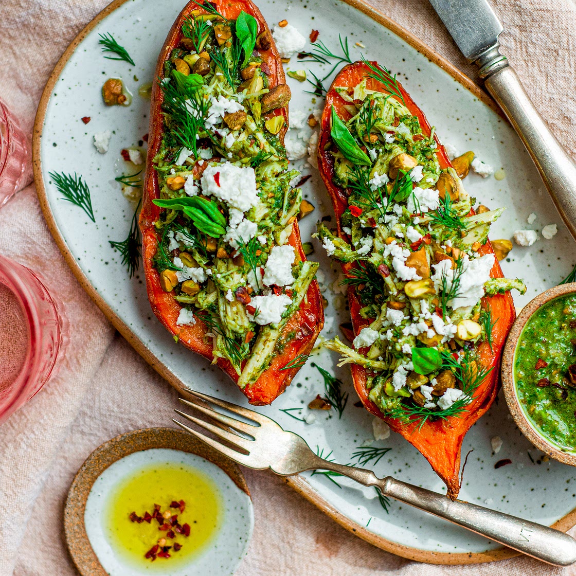 Gut-Friendly Chicken Pesto + Goat Cheese Sweet Potato Pizza