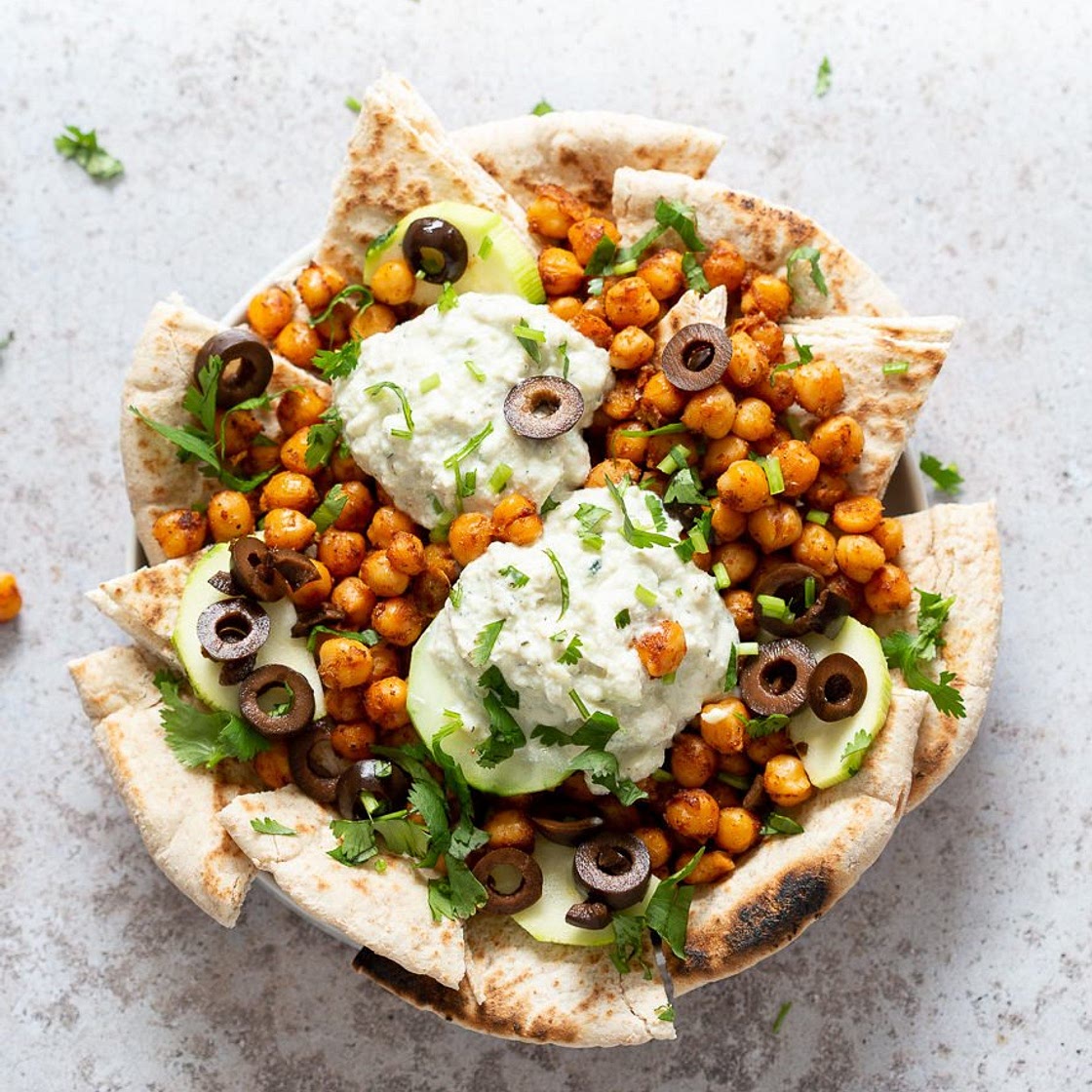 Vegan Mediterranean Nachos with Shawarma Chickpeas, Tzatziki, Pita Bread