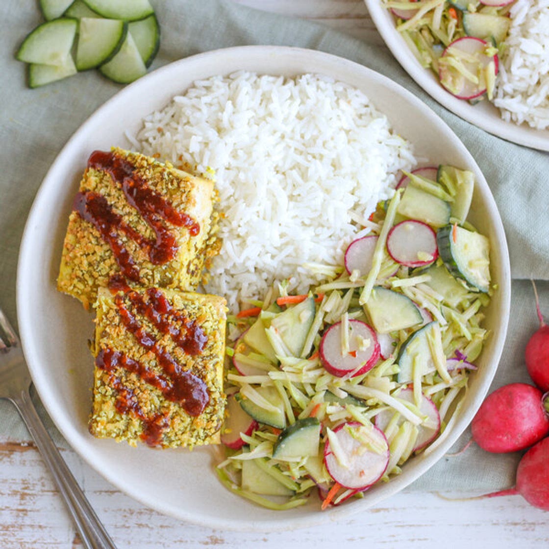 Japanese-Style Breaded Tofu (Katsu) with Sesame Veggie Slaw & Rice