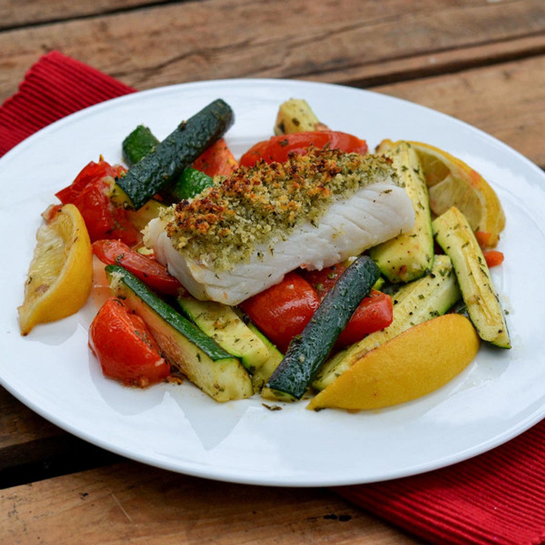 Baked Cod Fillet with Bread Crumb Topping, Zucchini & Tomatoes