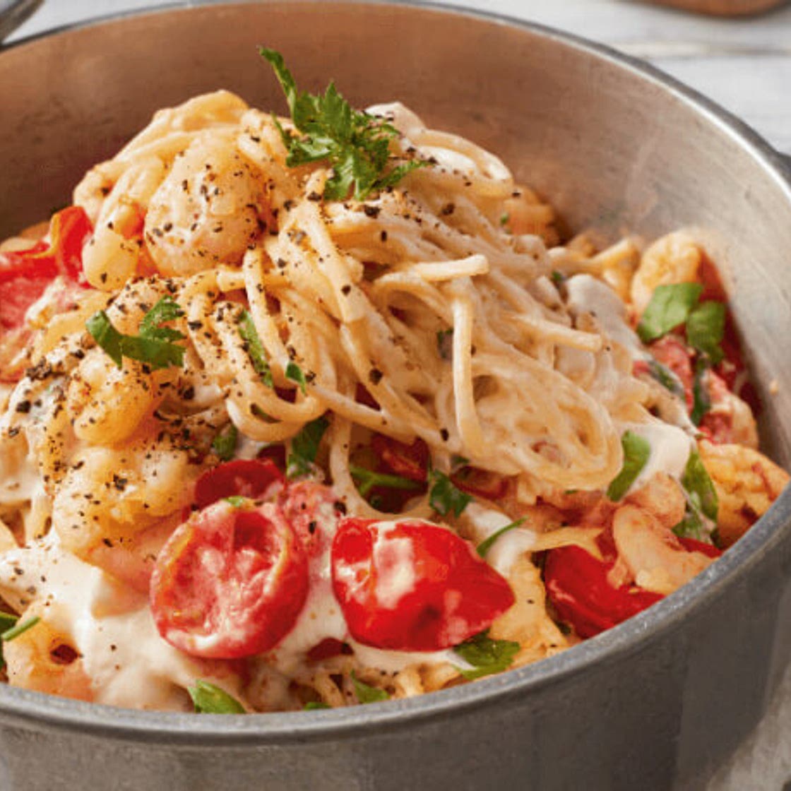Spaghetti mit Garnelen in Frischkäsesauce