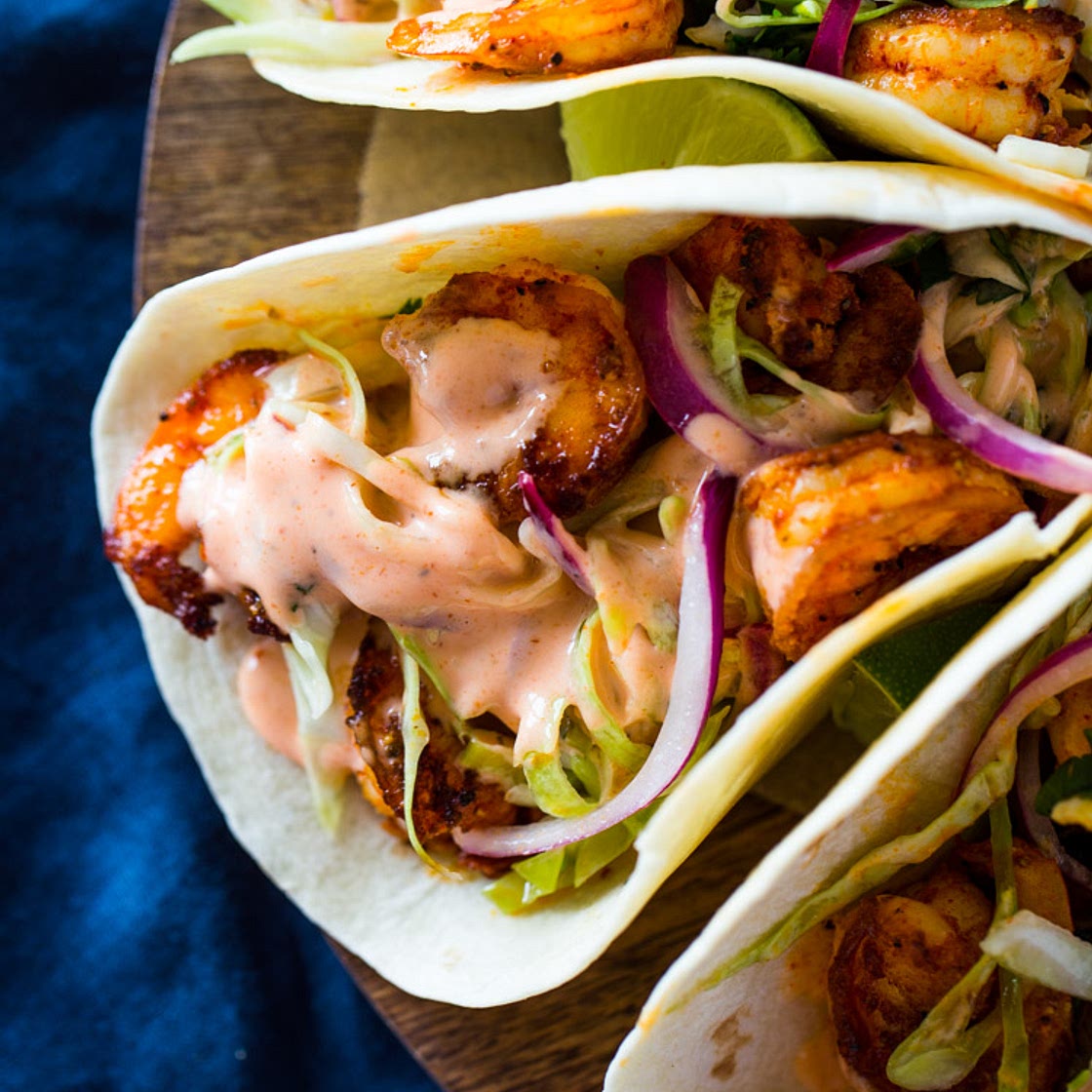 Spicy Shrimp Tacos with Cilantro Slaw and Sriracha Sauce