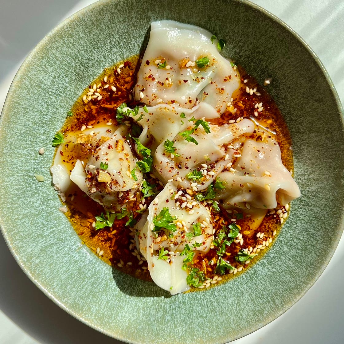 Spam Dumplings in Chili Oil Sauce