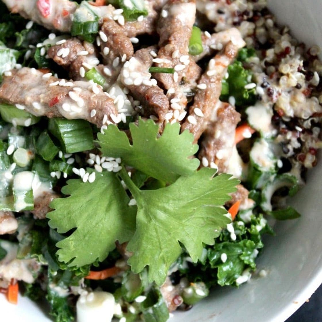 Thai Sesame Garlic Beef + Kale Quinoa Bowls