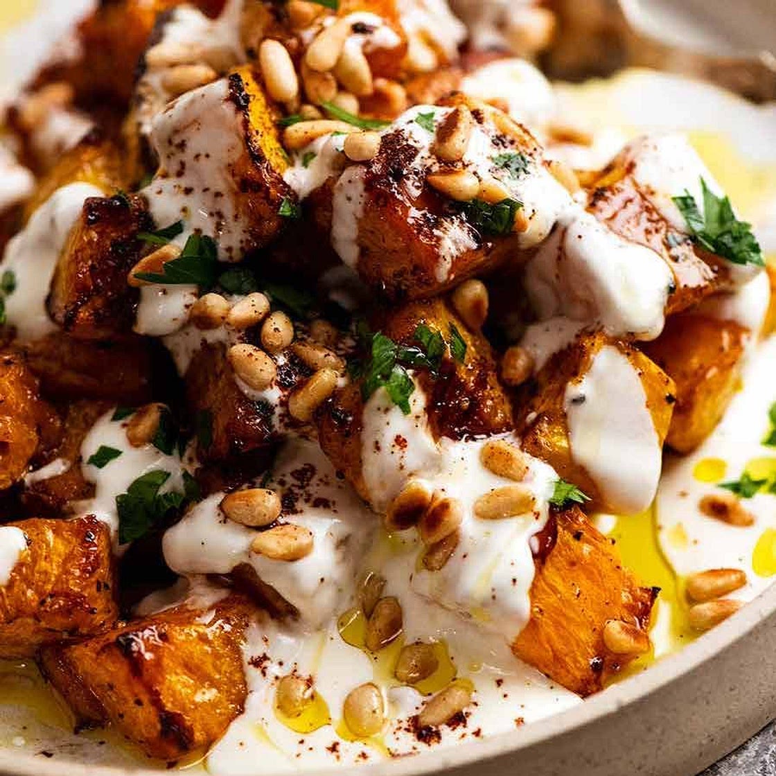 Roasted Pumpkin with Lemon Yogurt Sauce and Pine Nuts