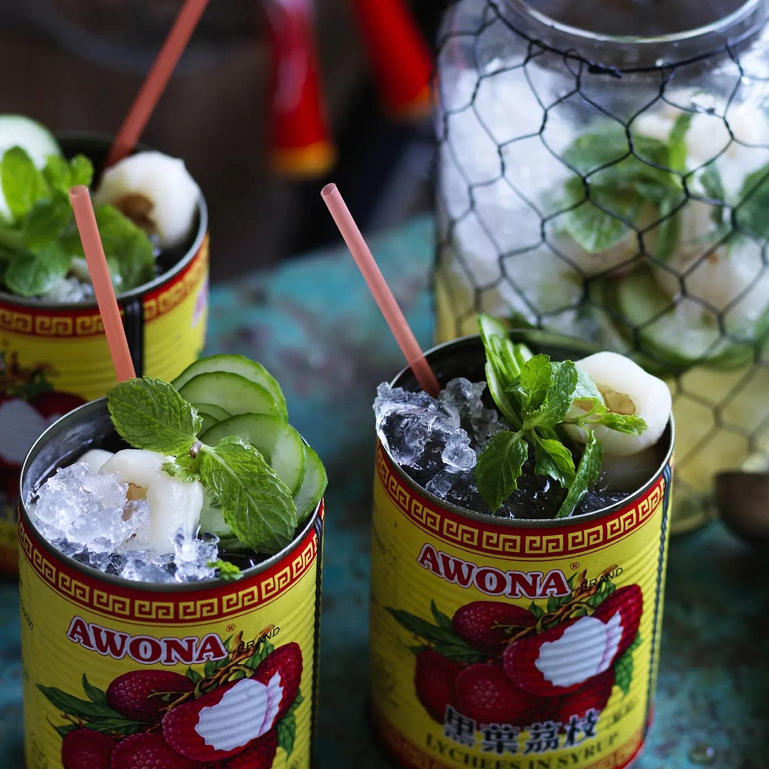 Green tea and lychee cocktails with mint and cucumber