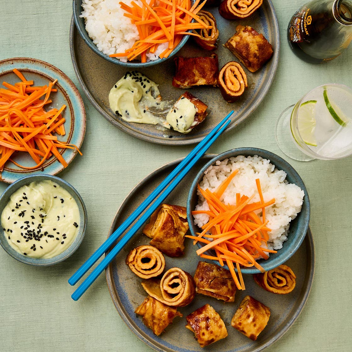 Omelette rolls with rice, carrot pickles and wasabi mayonnaise