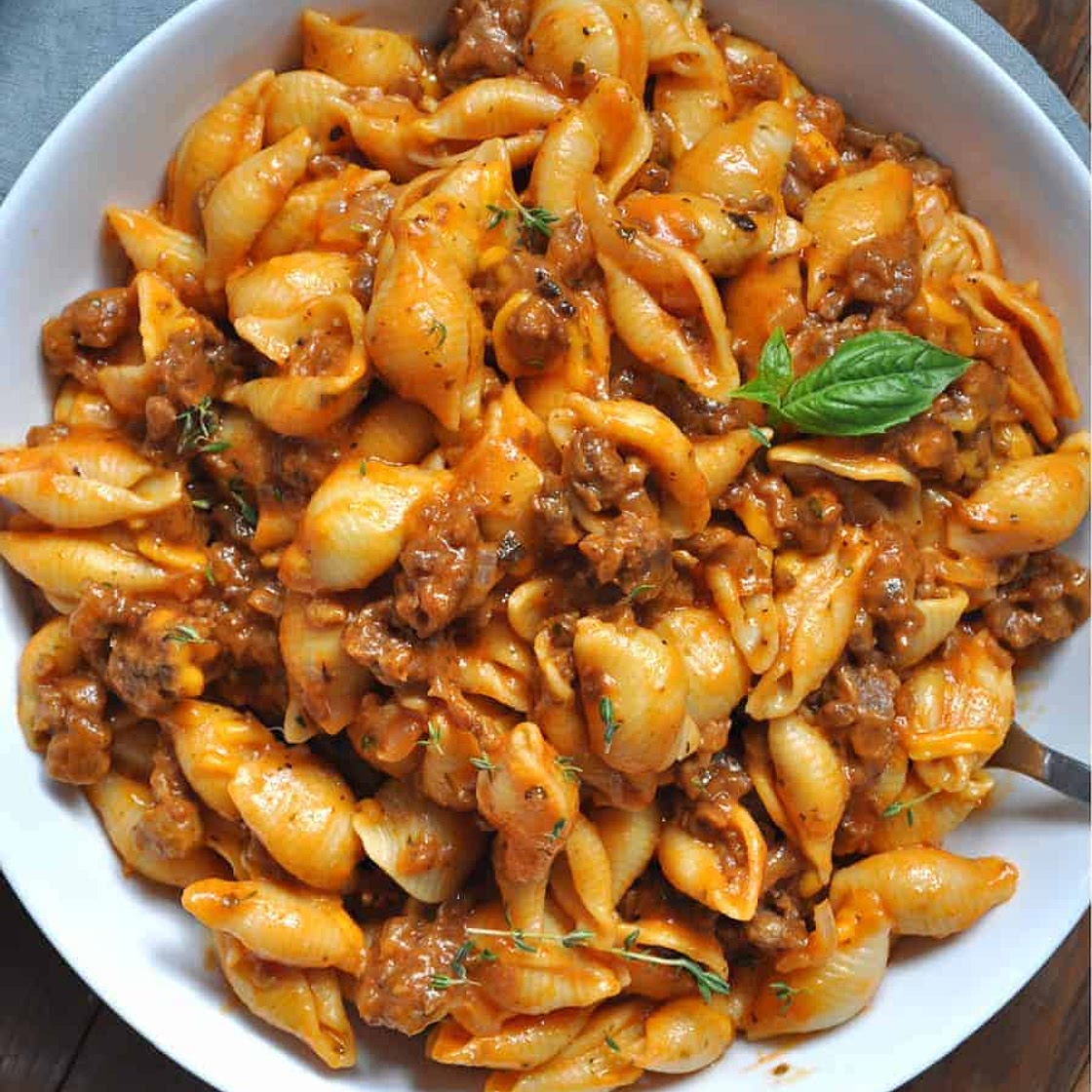 Vegan Creamy "Beef" and Shells