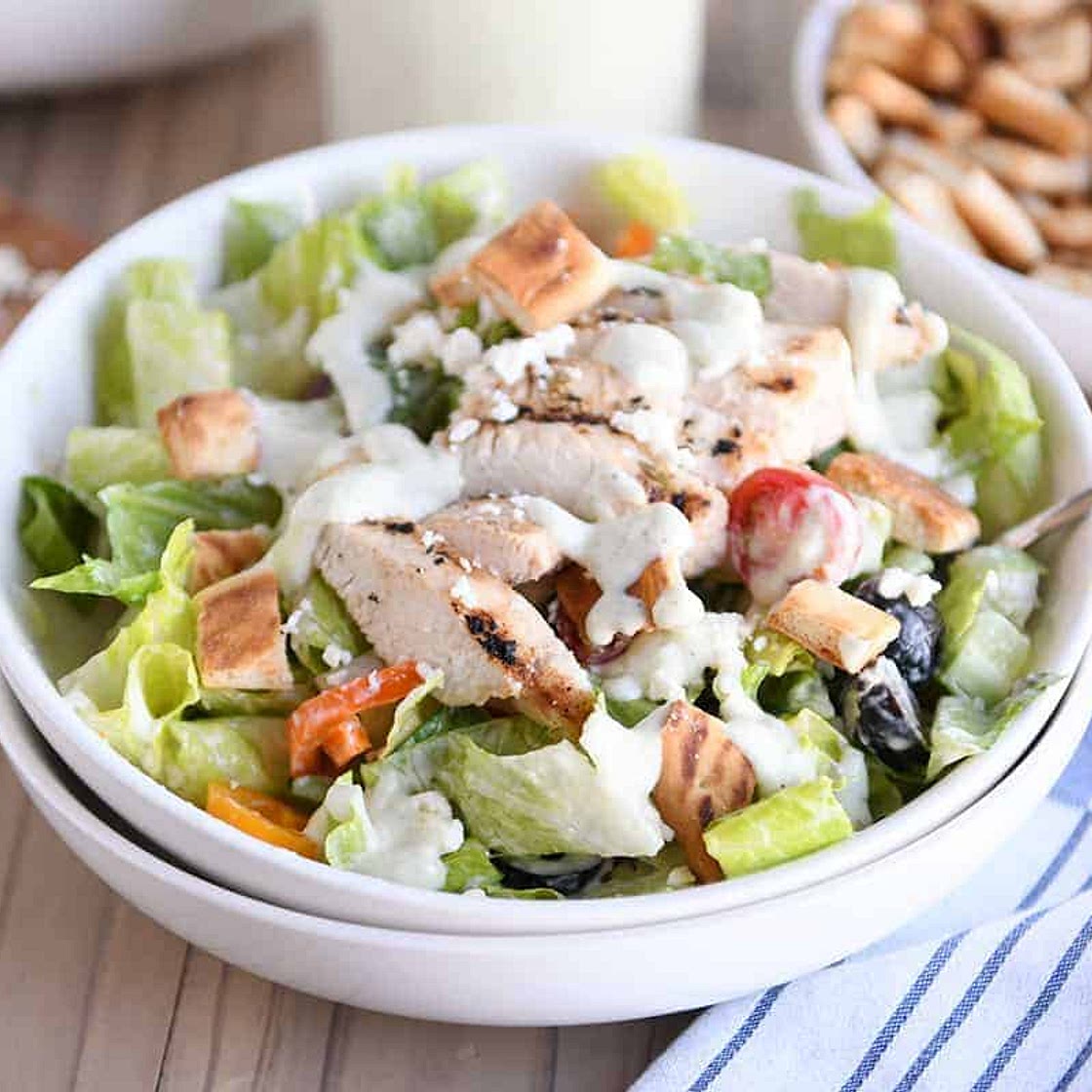 Chopped Greek Chicken Salad with Pita Croutons and Tzatziki Dressing