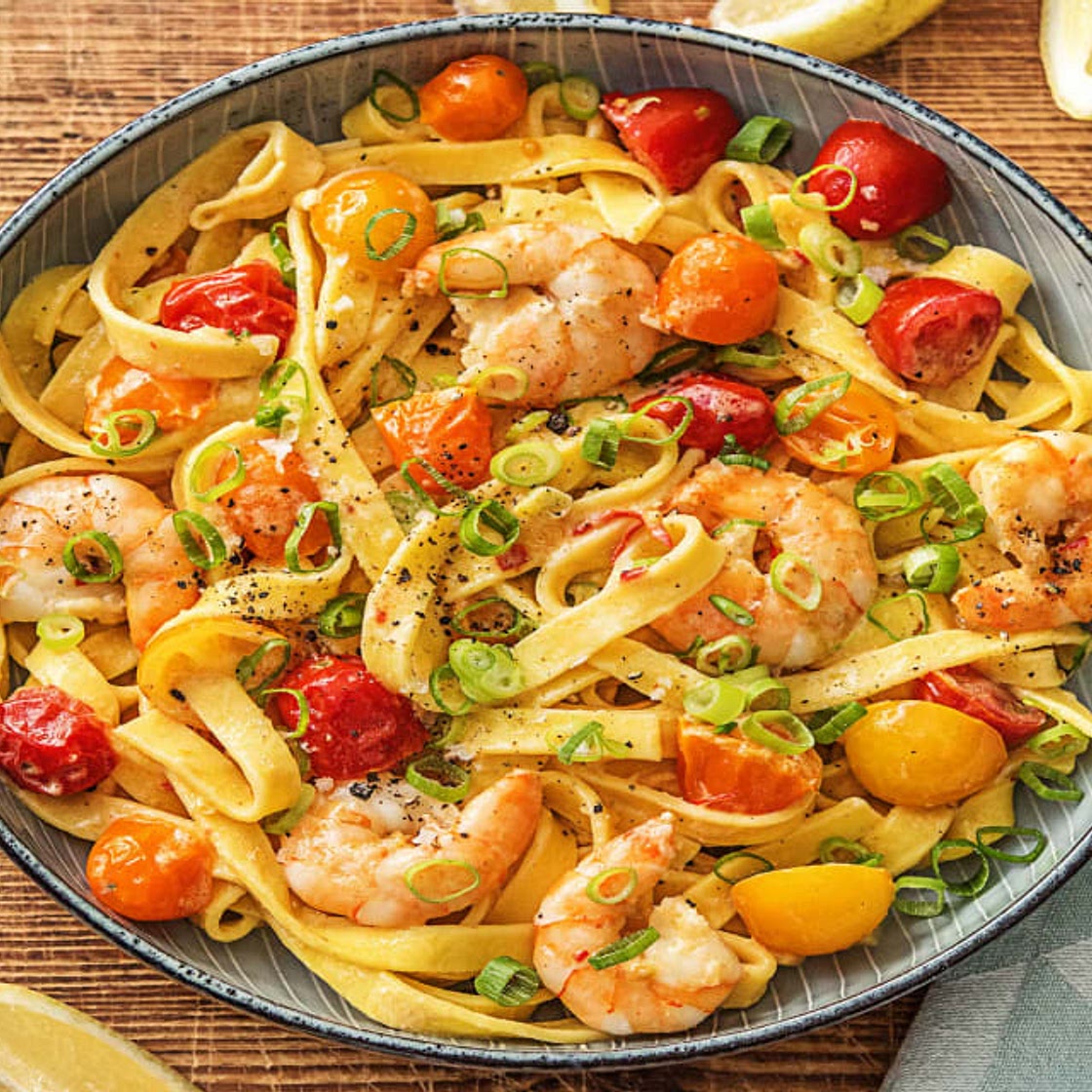 Creamy Shrimp Tagliatelle with Heirloom Tomatoes, Garlic, and Chili