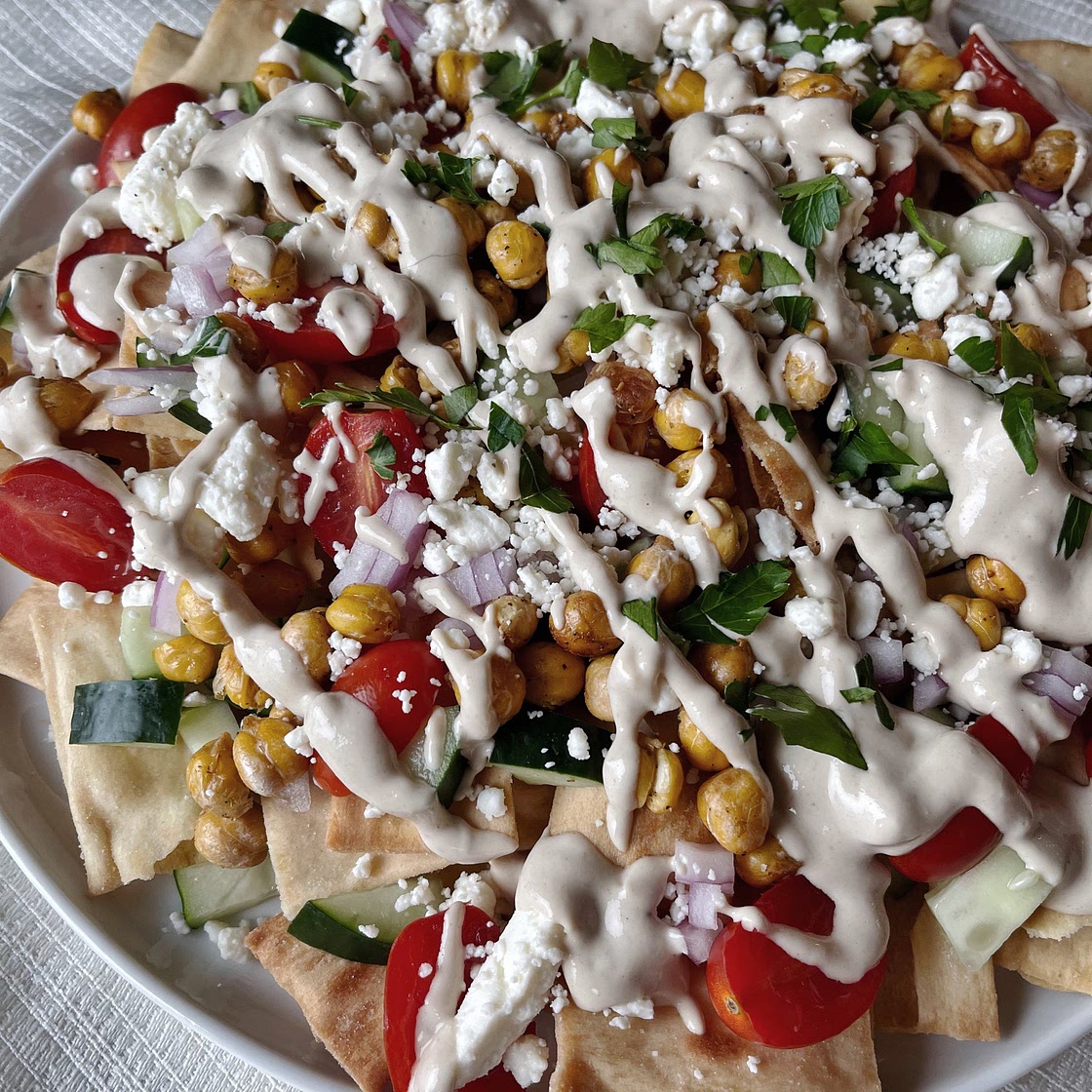 Easy Greek Nachos with Crispy Chickpeas and Lemon Tahini Sauce