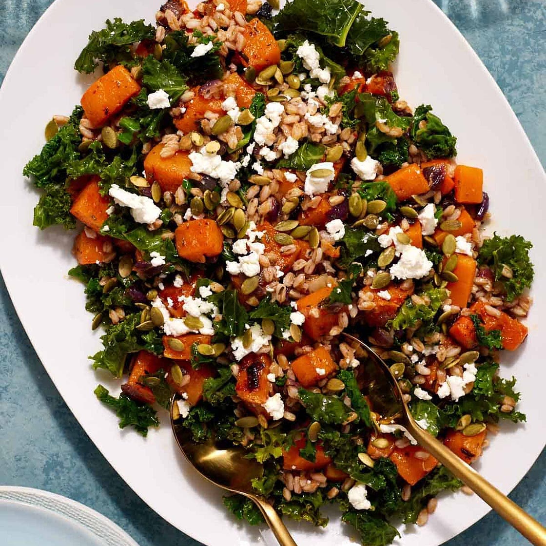 Butternut Squash Salad with Farro, Kale, and Creamy Goat Cheese