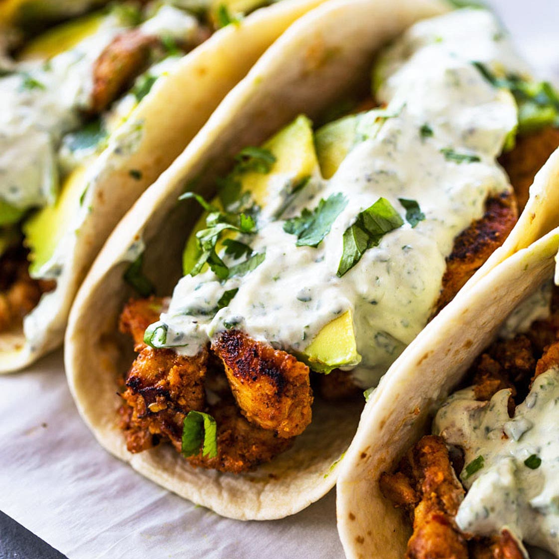 Spicy Chicken and Avocado tacos with Creamy Cilantro Lime Sauce