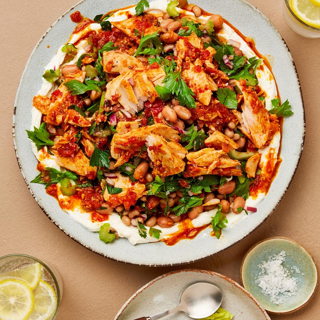 Ricotta, marinated beans and harissa tuna