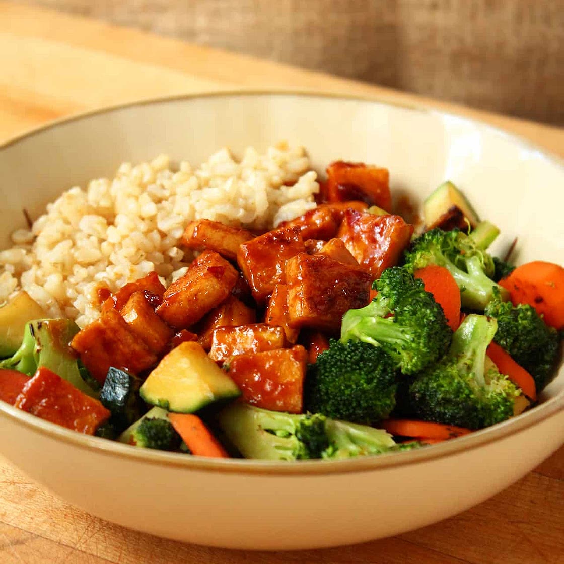 Teriyaki Peanut Tofu with Stir-Fried Veggies & Brown Rice