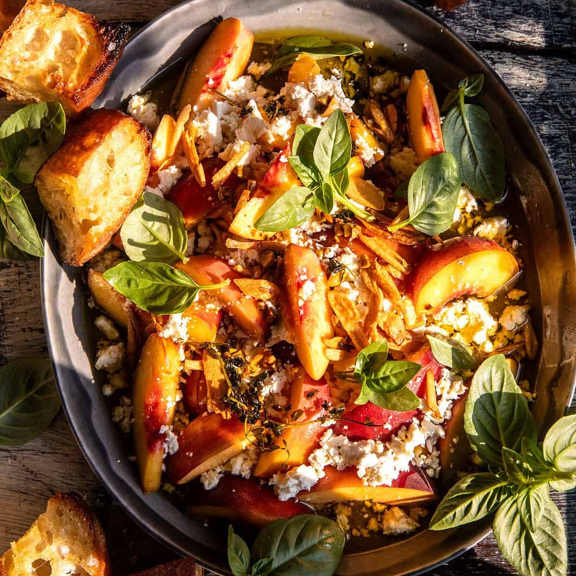 Garlic Oil Feta Dip with Peaches