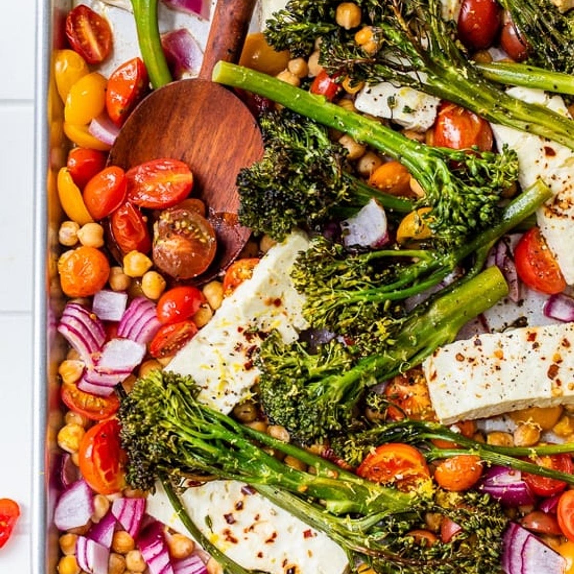 Sheet Pan Baked Feta with Broccolini, Tomatoes and Chickpeas