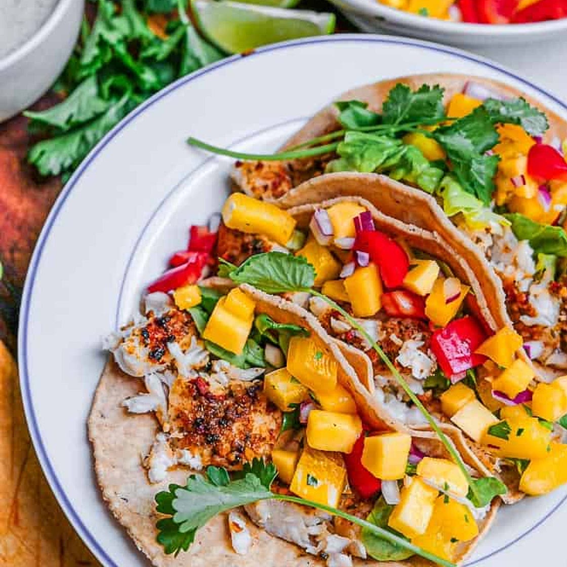 Baked Fish Tacos with Mango Salsa & Creamy White Lightning Sauce