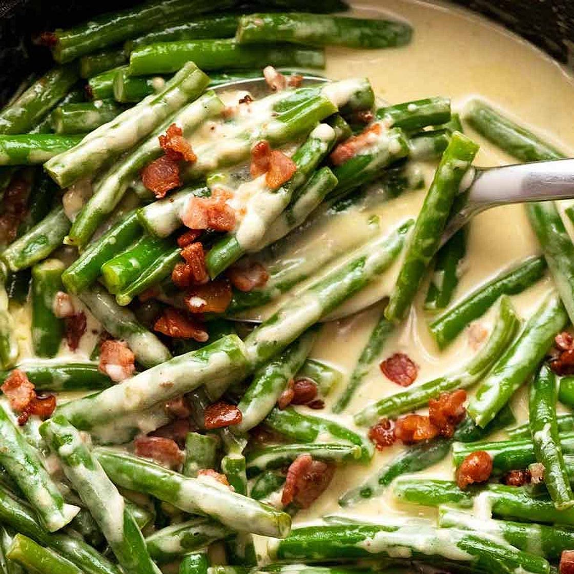 Green Beans in Creamy Parmesan Sauce - with bacon!
