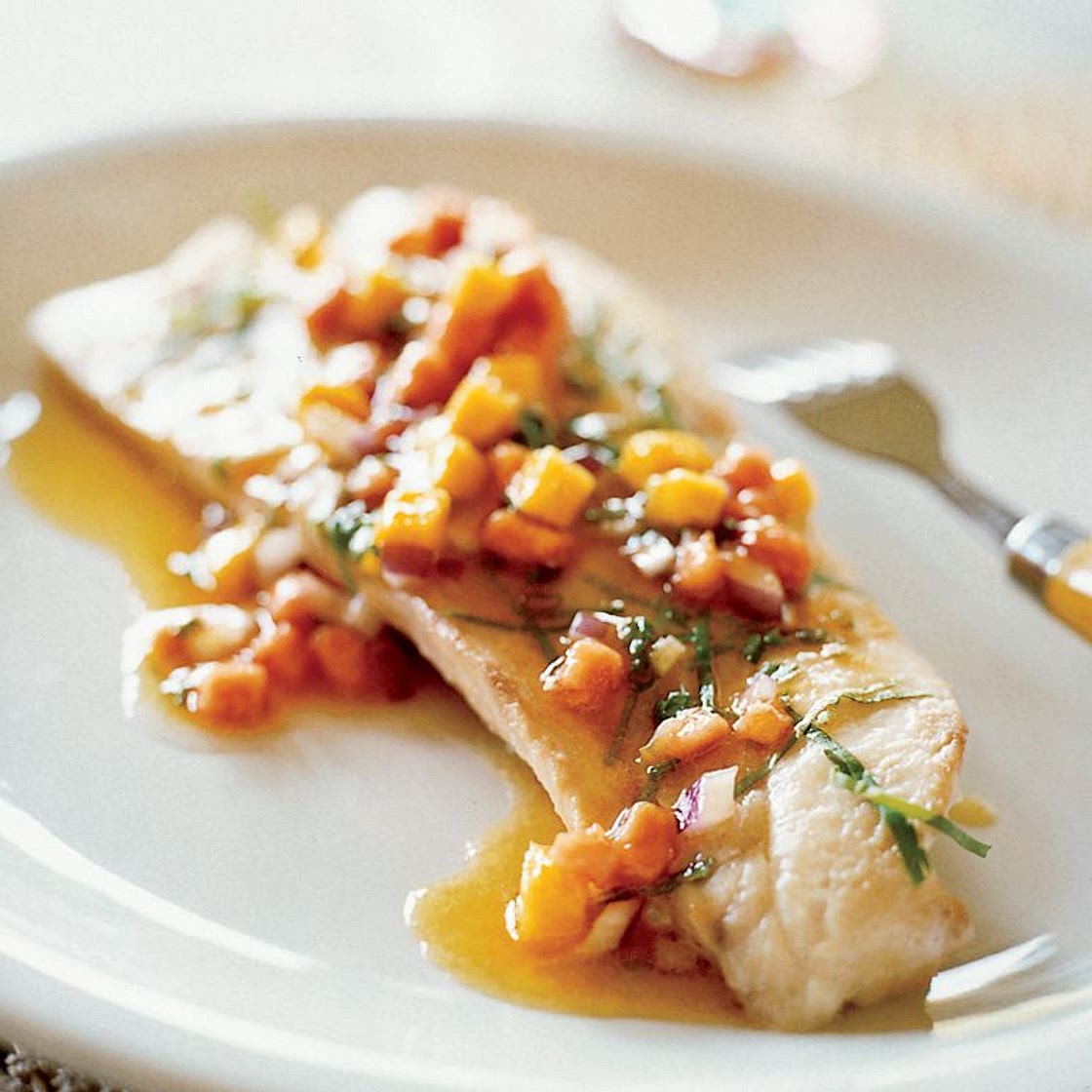 Poached Red Snapper with Papaya and Mango Sauce Vierge