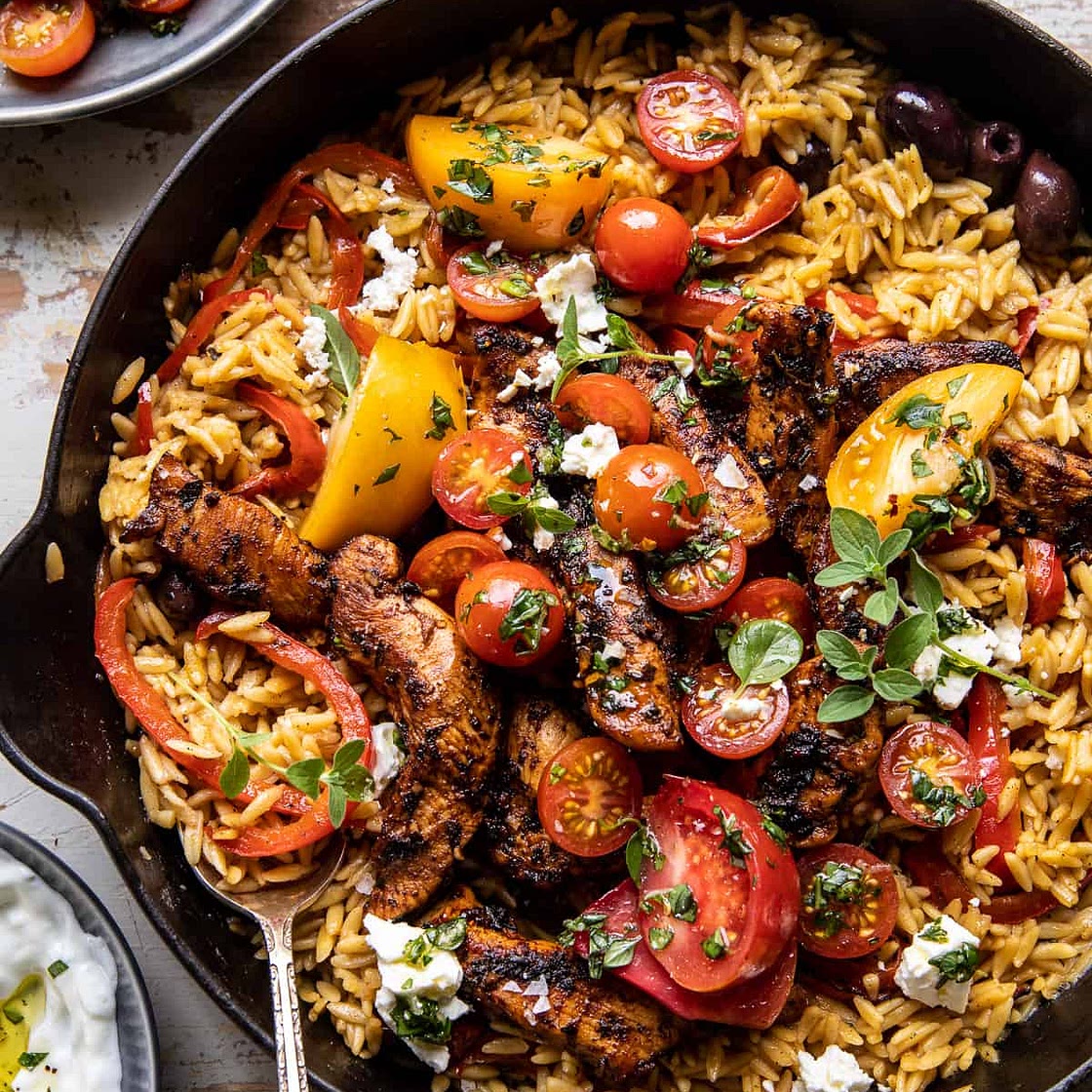 One Skillet Greek Chicken and Orzo with Tomatoes, Feta, and Tzatziki