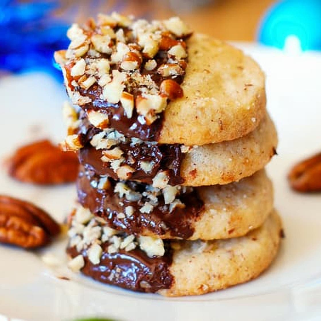 Chocolate dipped pecan shortbread cookies
