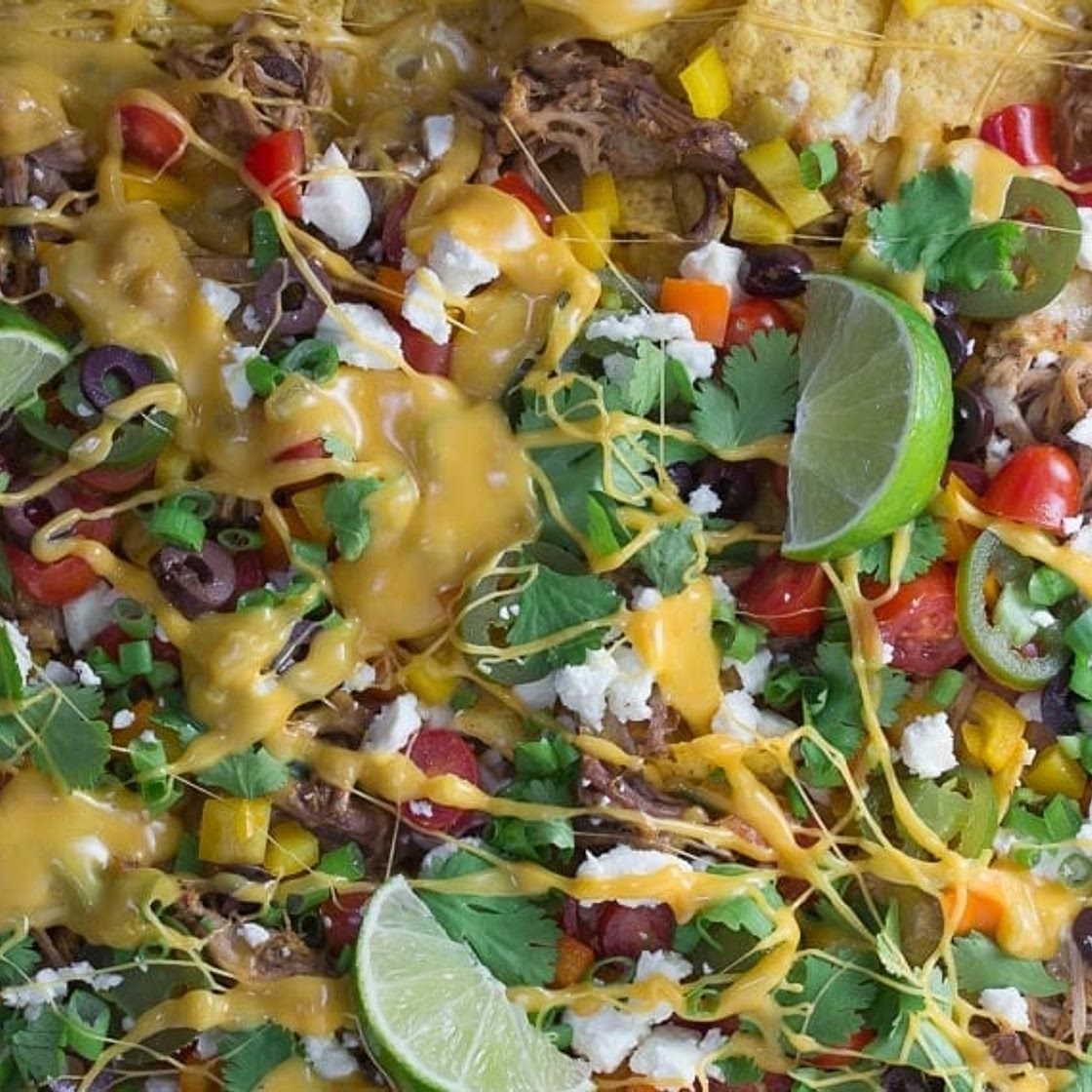 Shredded Pork Nachos with 3-Cheese Beer Queso