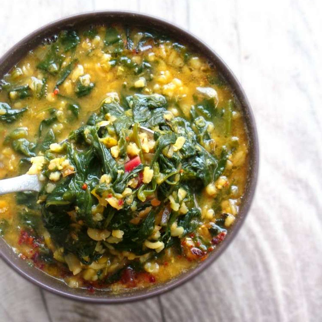 1 Pot Warming Bulgur, Red Lentil And Spinach Soup
