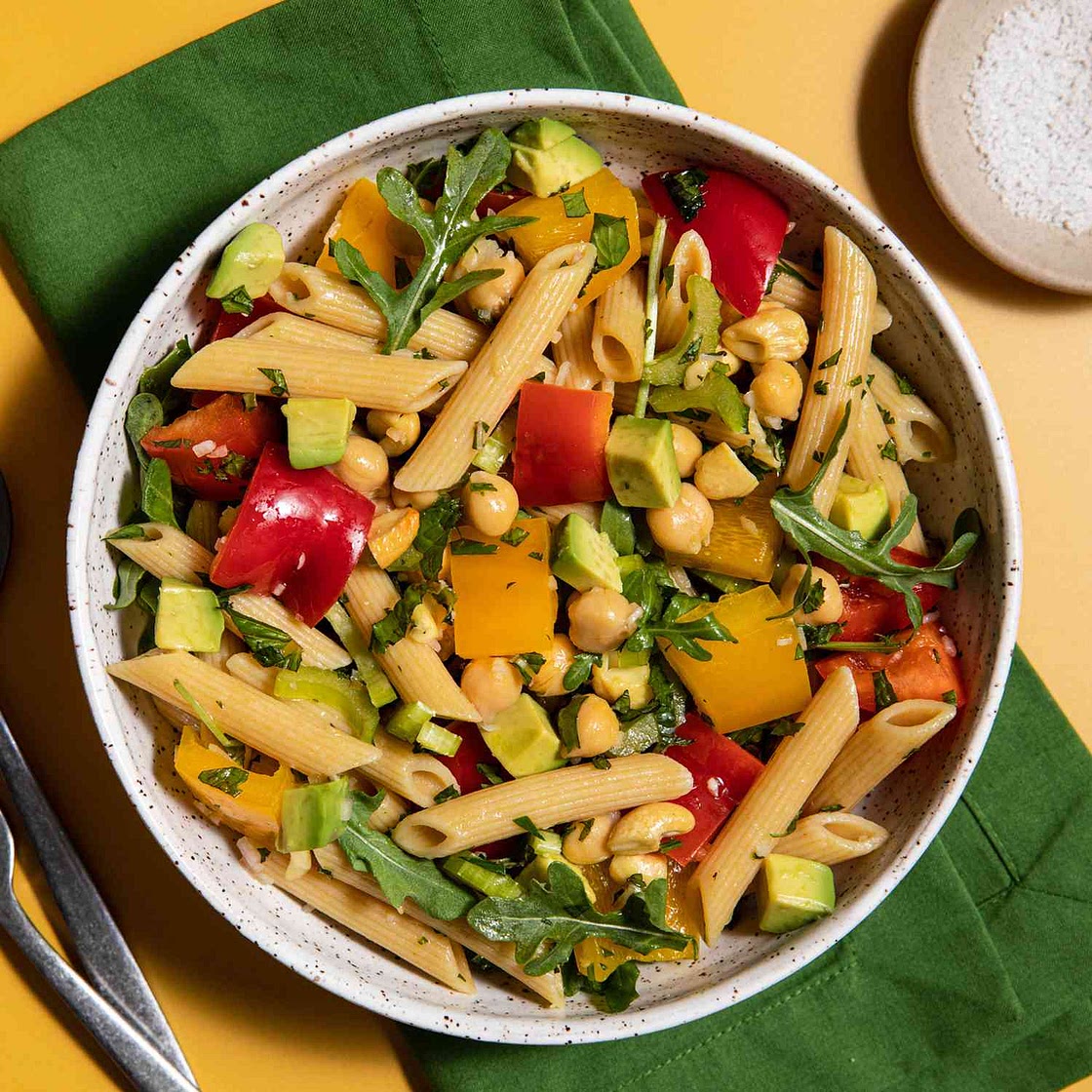 Cashew, Chickpea & Pasta Salad with Cilantro-Mint-Shallot Vinaigrette