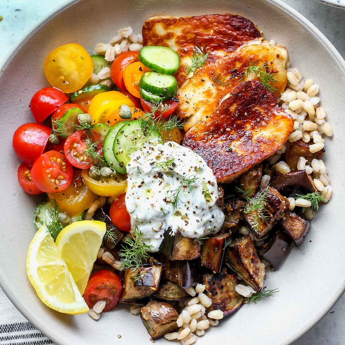 Mediterranean Eggplant and Halloumi Bowls with Lemon-Dill Sauce