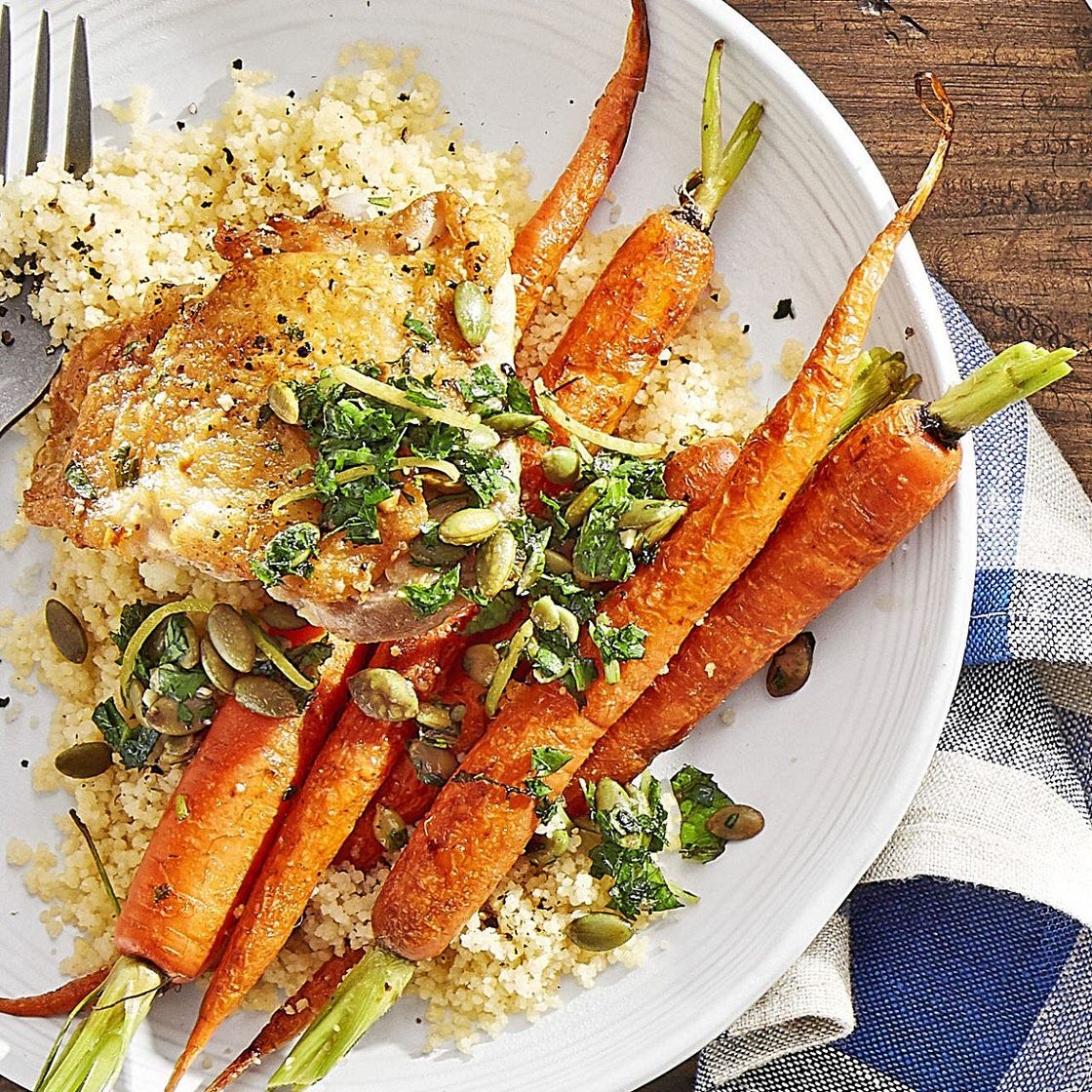 Crispy Chicken with Roasted Carrots and Couscous