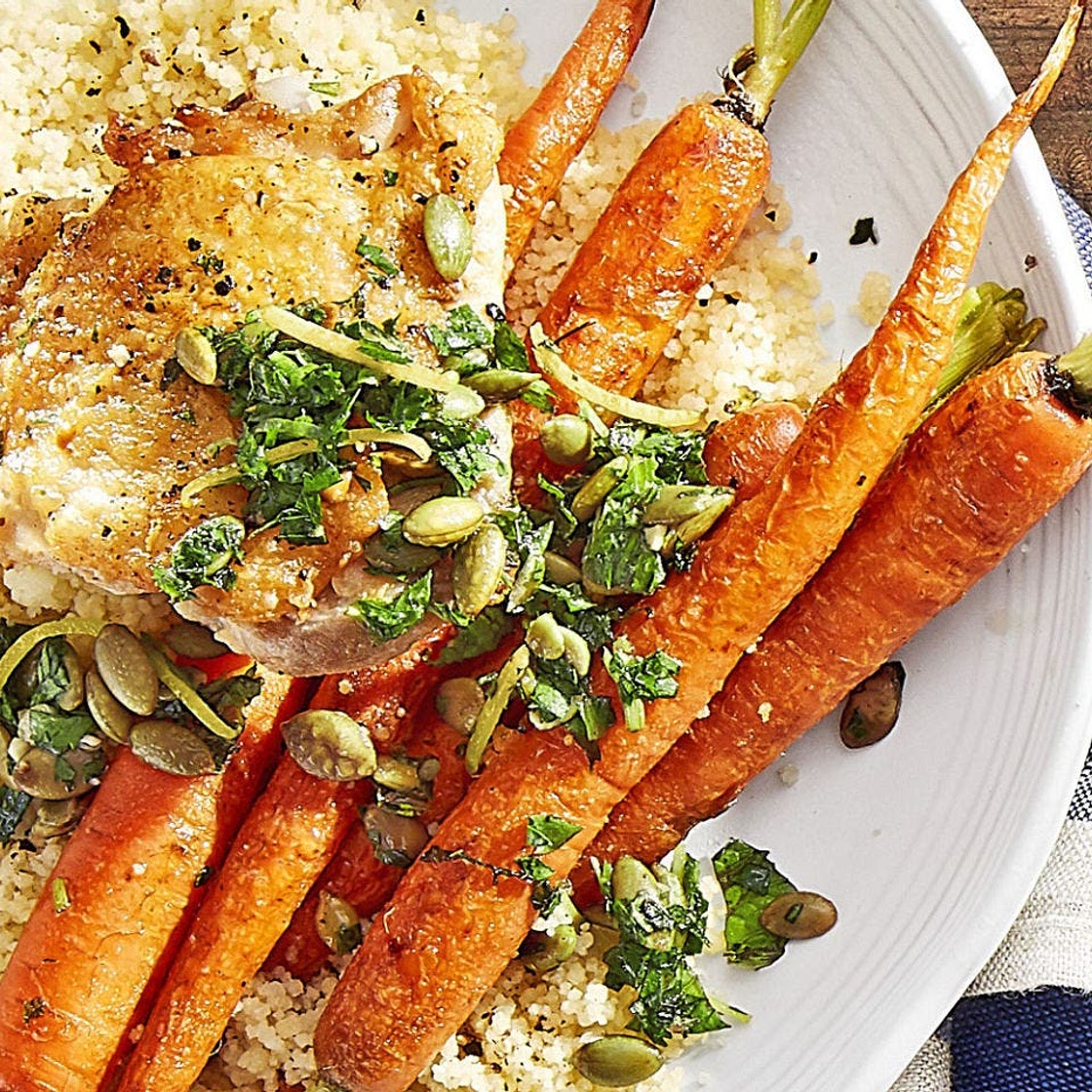 Crispy Chicken with Roasted Carrots and Couscous