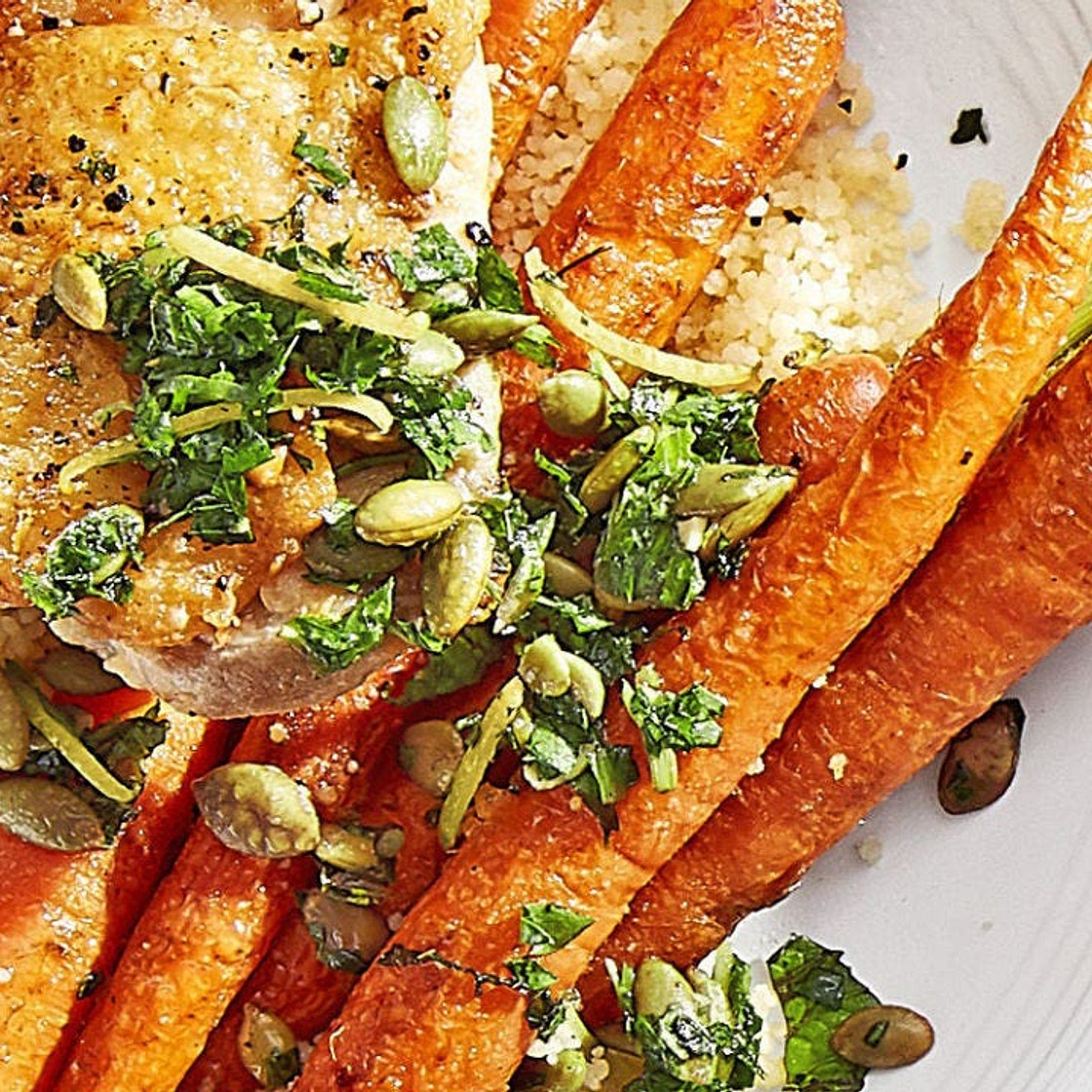 Crispy Chicken with Roasted Carrots and Couscous