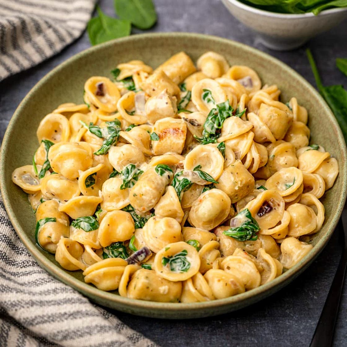 Creamy Vegan Sausage Pasta with Spinach
