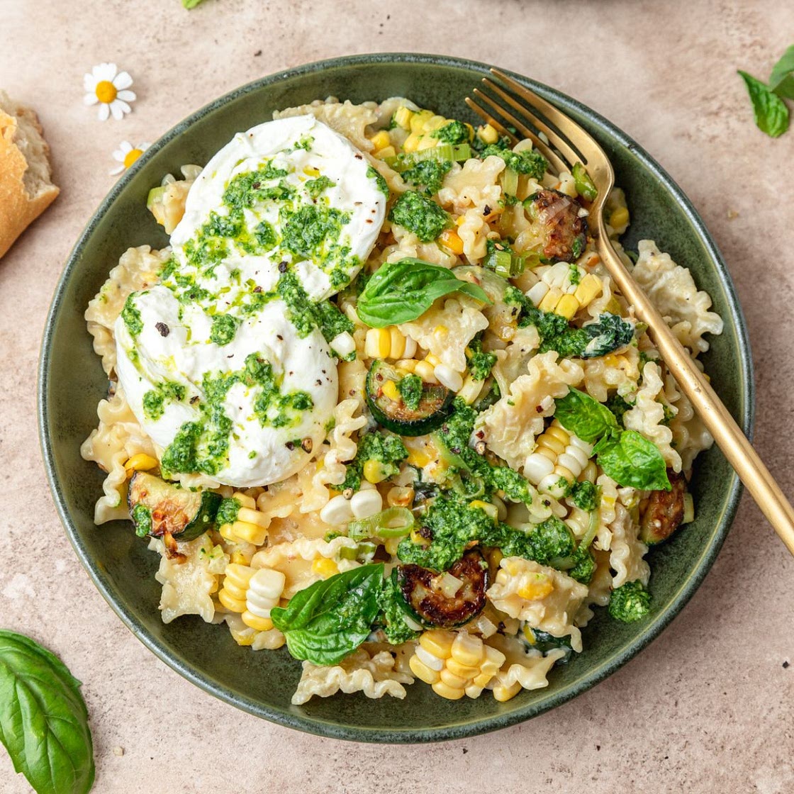 Creamy Summer Pasta with Fresh Corn, Zucchini, & Burrata