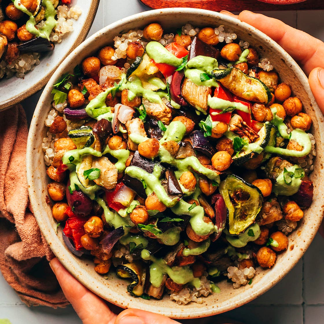 Roasted Chickpea & Veggie Bowls with Green Tahini Sauce