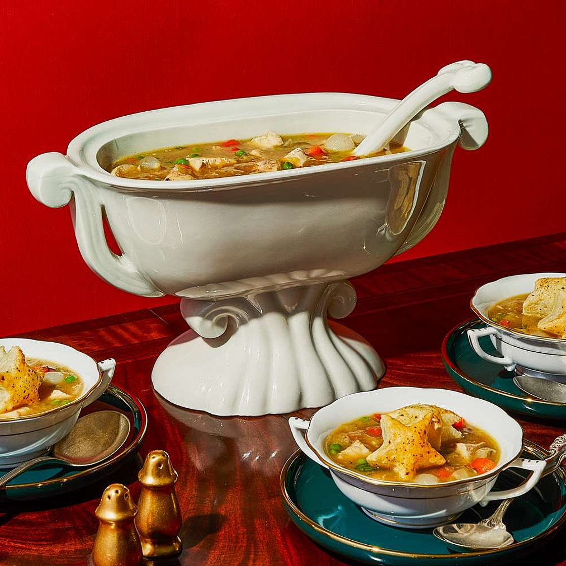 Chicken Pot Pie Soup with Puff Pastry Croutons