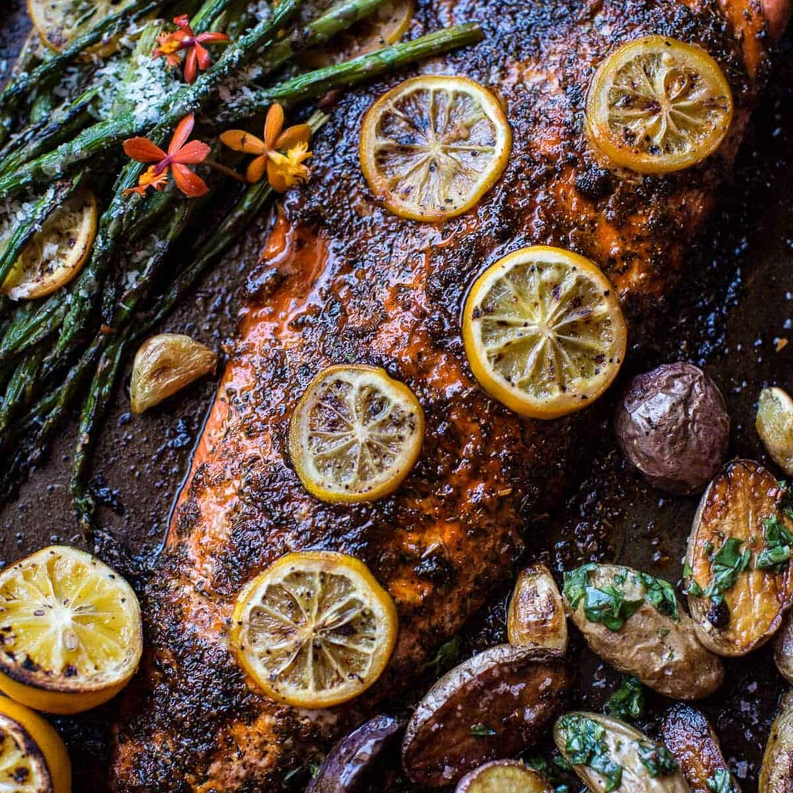 One Pan Lemon Salmon, Roasted Potatoes and Parmesan Asparagus