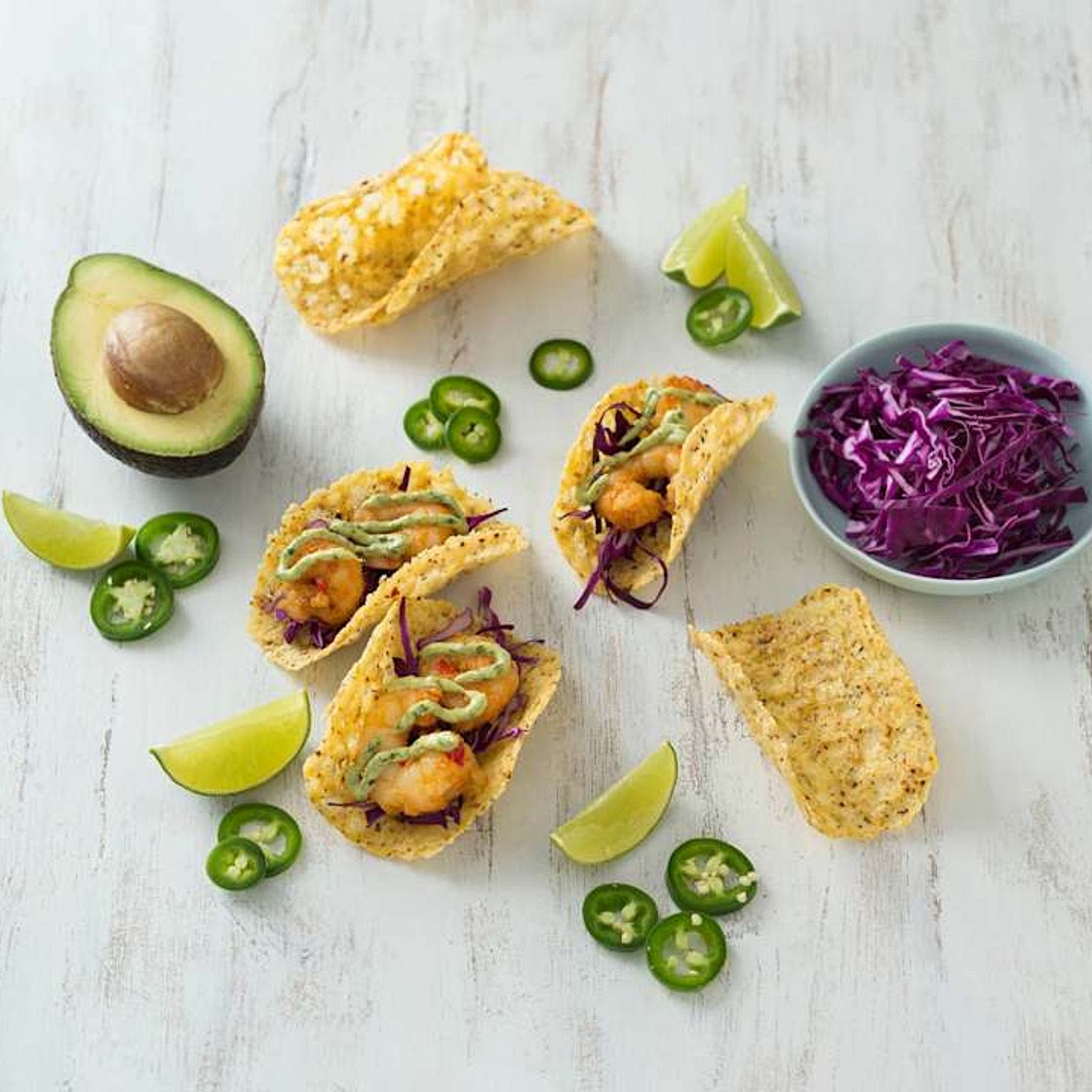 Prawn tacos with avocado lime sauce