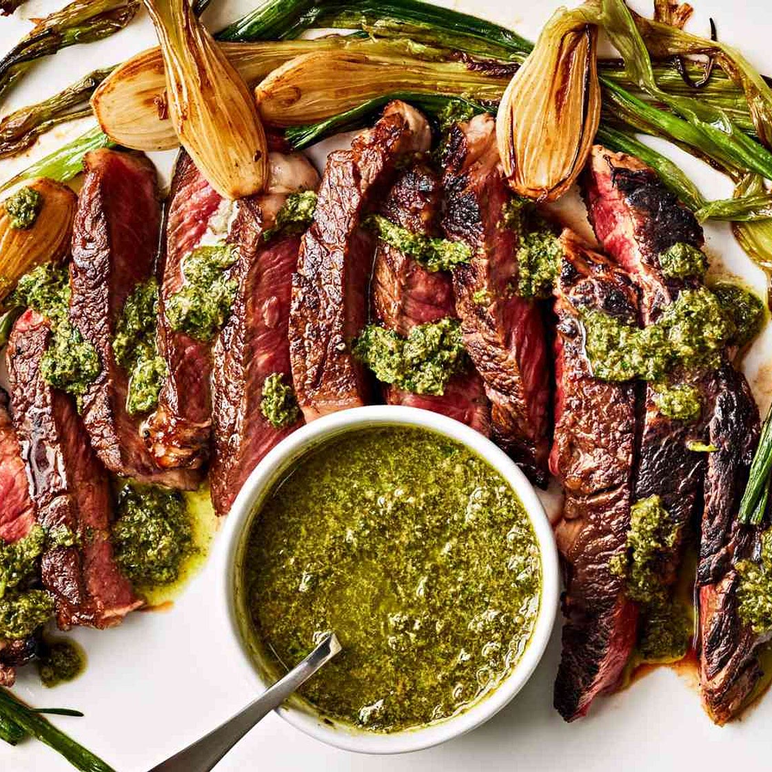 Rib Eye with Charred Spring Onions and Salsa Verde
