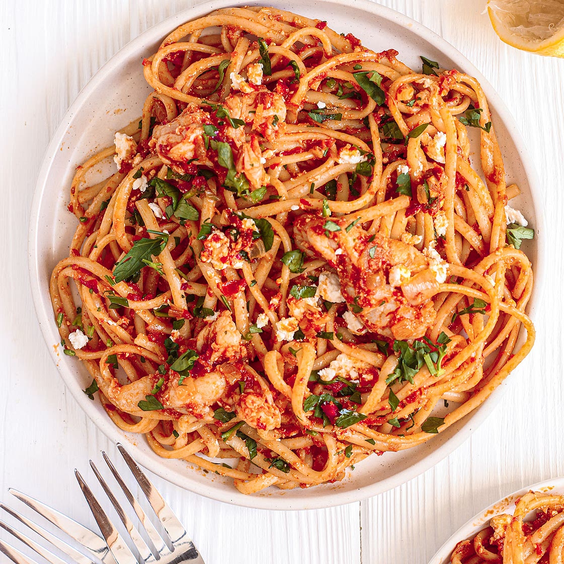 Harissa Pasta with Prawns