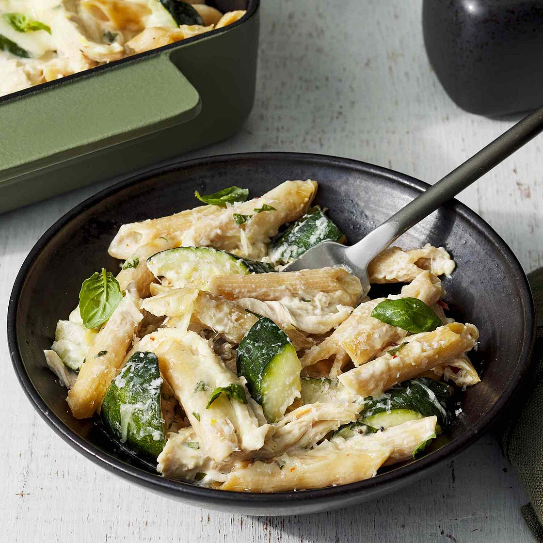 Creamy Zucchini & Rotisserie Chicken Pasta Bake
