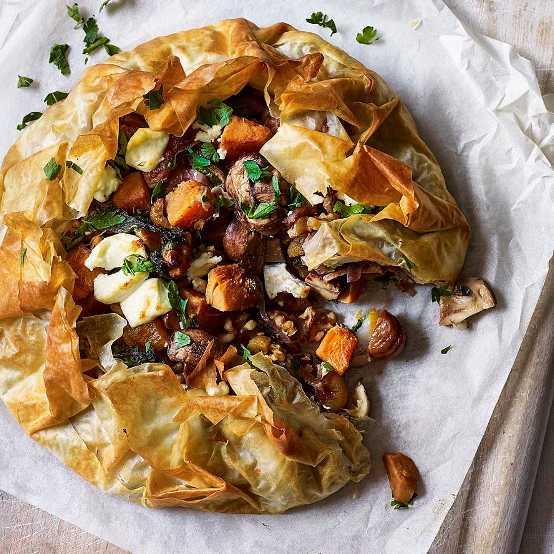 Mushroom, chestnut and squash filo pie