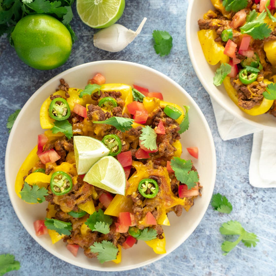 Spicy Beef & Cheddar Bell Pepper "Nachos" with Tomatoes and Jalapeños