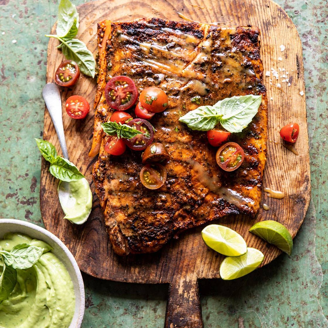 Grilled Honey Mustard Salmon with Avocado Basil Sauce