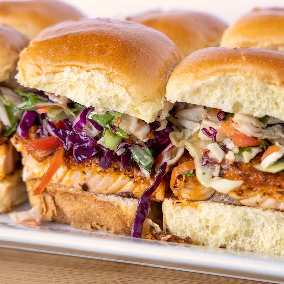 Blackened Salmon Sliders with an Asian Slaw