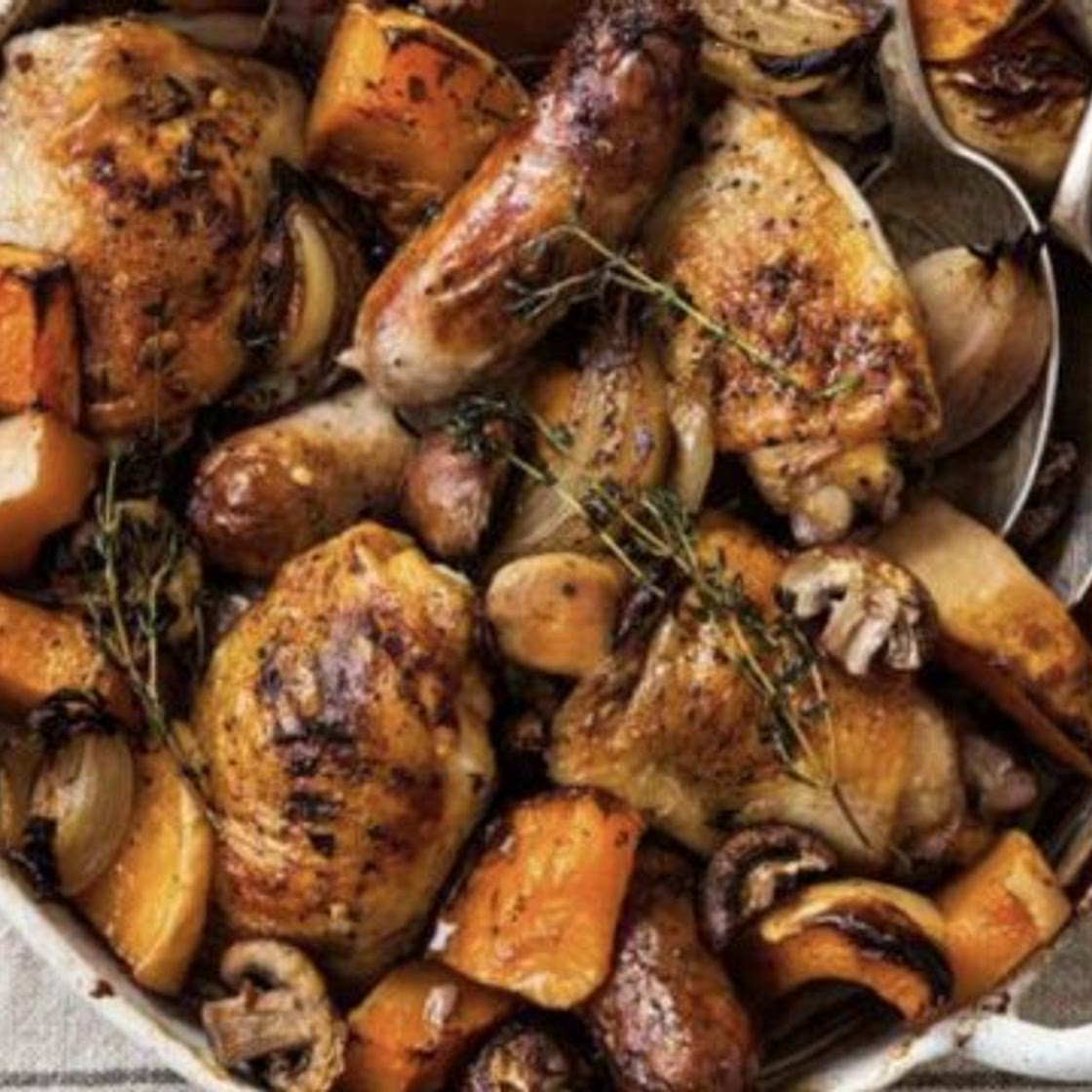 Sausage, chicken and squash traybake